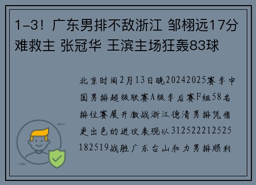 1-3！广东男排不敌浙江 邹栩远17分难救主 张冠华 王滨主场狂轰83球