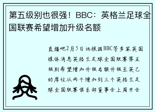 第五级别也很强！BBC：英格兰足球全国联赛希望增加升级名额