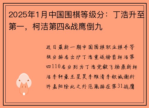 2025年1月中国围棋等级分：丁浩升至第一，柯洁第四&战鹰倒九