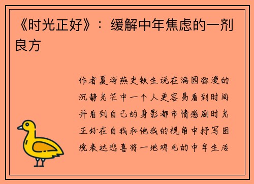 《时光正好》：缓解中年焦虑的一剂良方