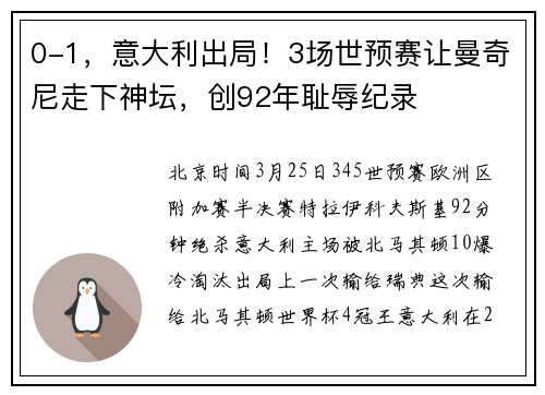 0-1，意大利出局！3场世预赛让曼奇尼走下神坛，创92年耻辱纪录