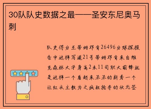 30队队史数据之最——圣安东尼奥马刺