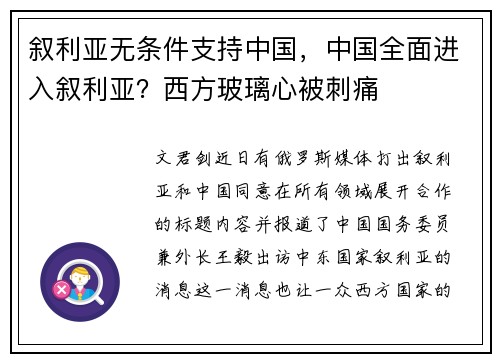 叙利亚无条件支持中国，中国全面进入叙利亚？西方玻璃心被刺痛