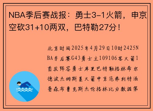 NBA季后赛战报：勇士3-1火箭，申京空砍31+10两双，巴特勒27分！